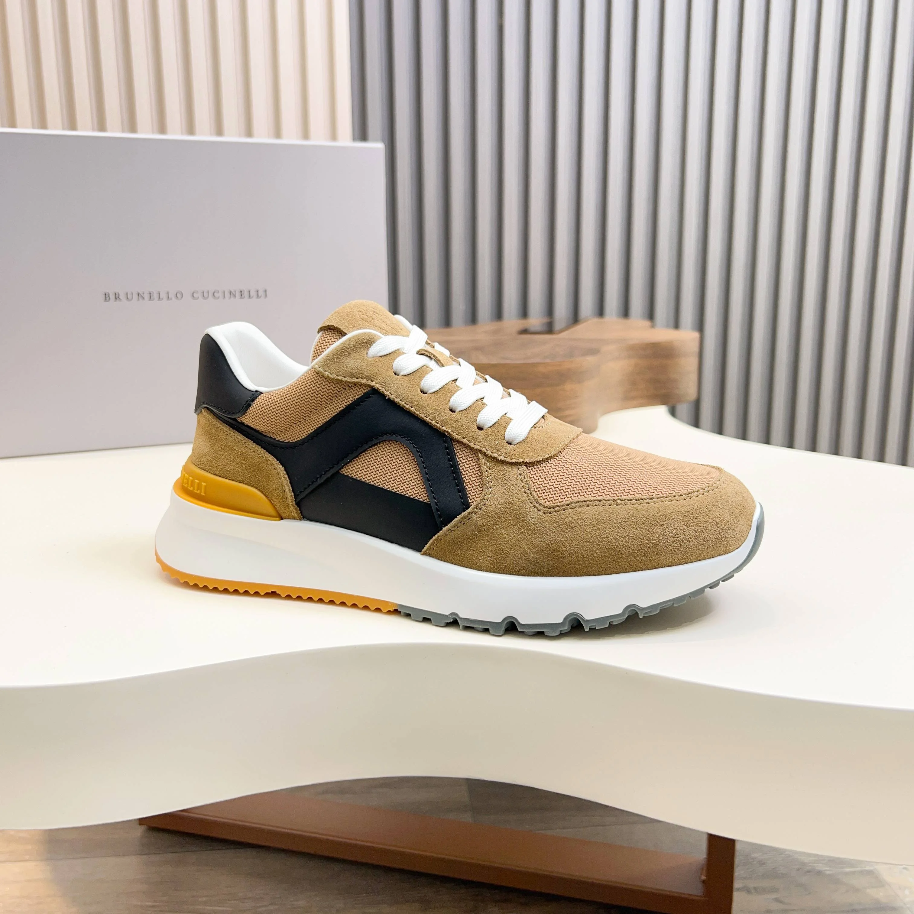 Brunello Cucinelli Men's Retro Mesh Panel Sneakers - Camel & Black