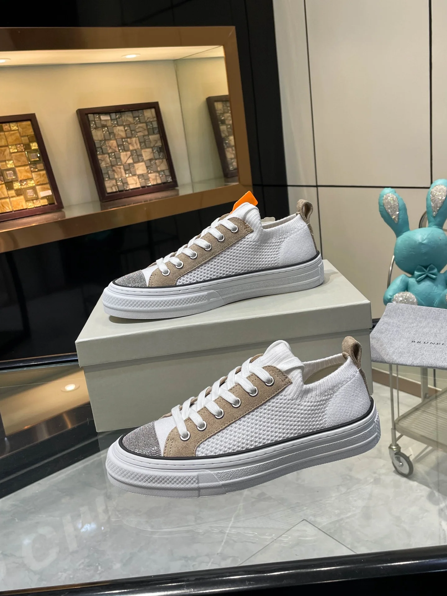 Brunello Cucinelli 2025 SS White Knit Sneakers with Silver Toe Cap