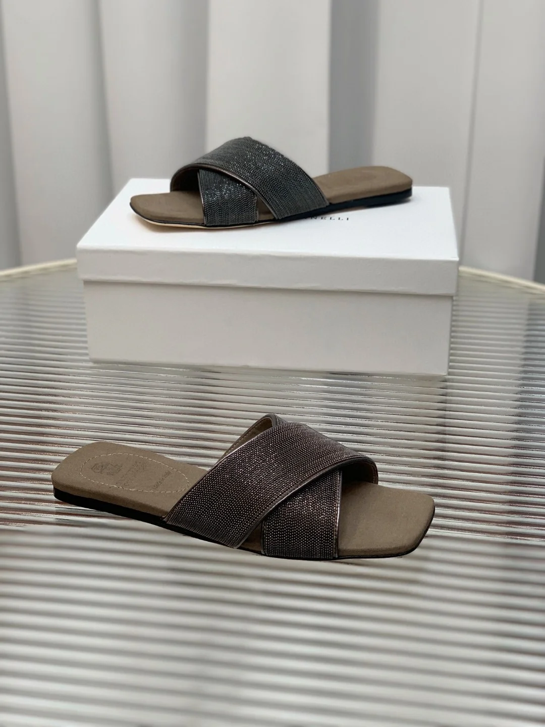 Brunello Cucinelli Metallic Mesh Cross-Strap Slides