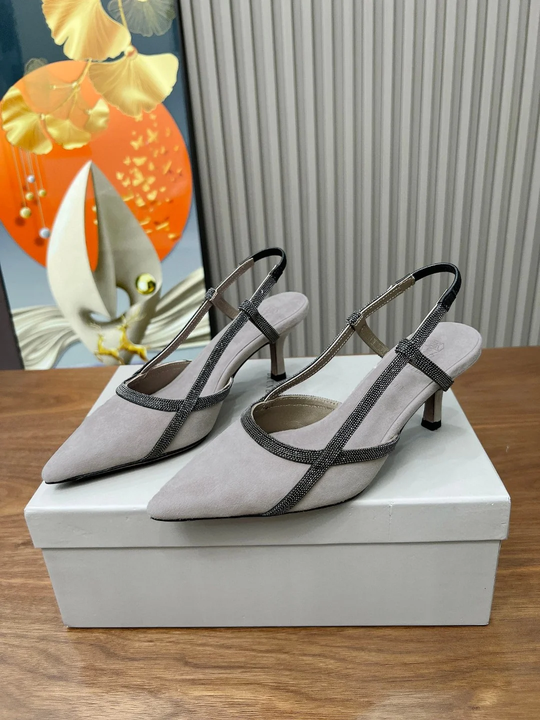 Brunello Cucinelli Gray Suede Slingback Pumps with Crystal Embellishment
