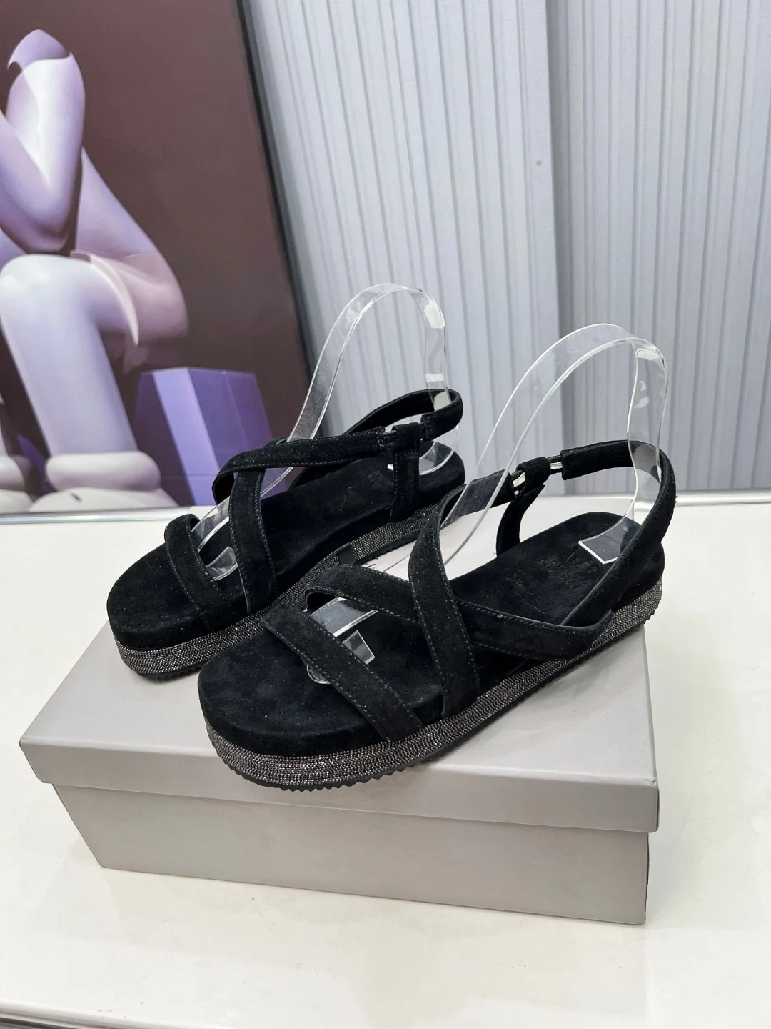 Brunello Cucinelli Black Suede Crisscross Sandals