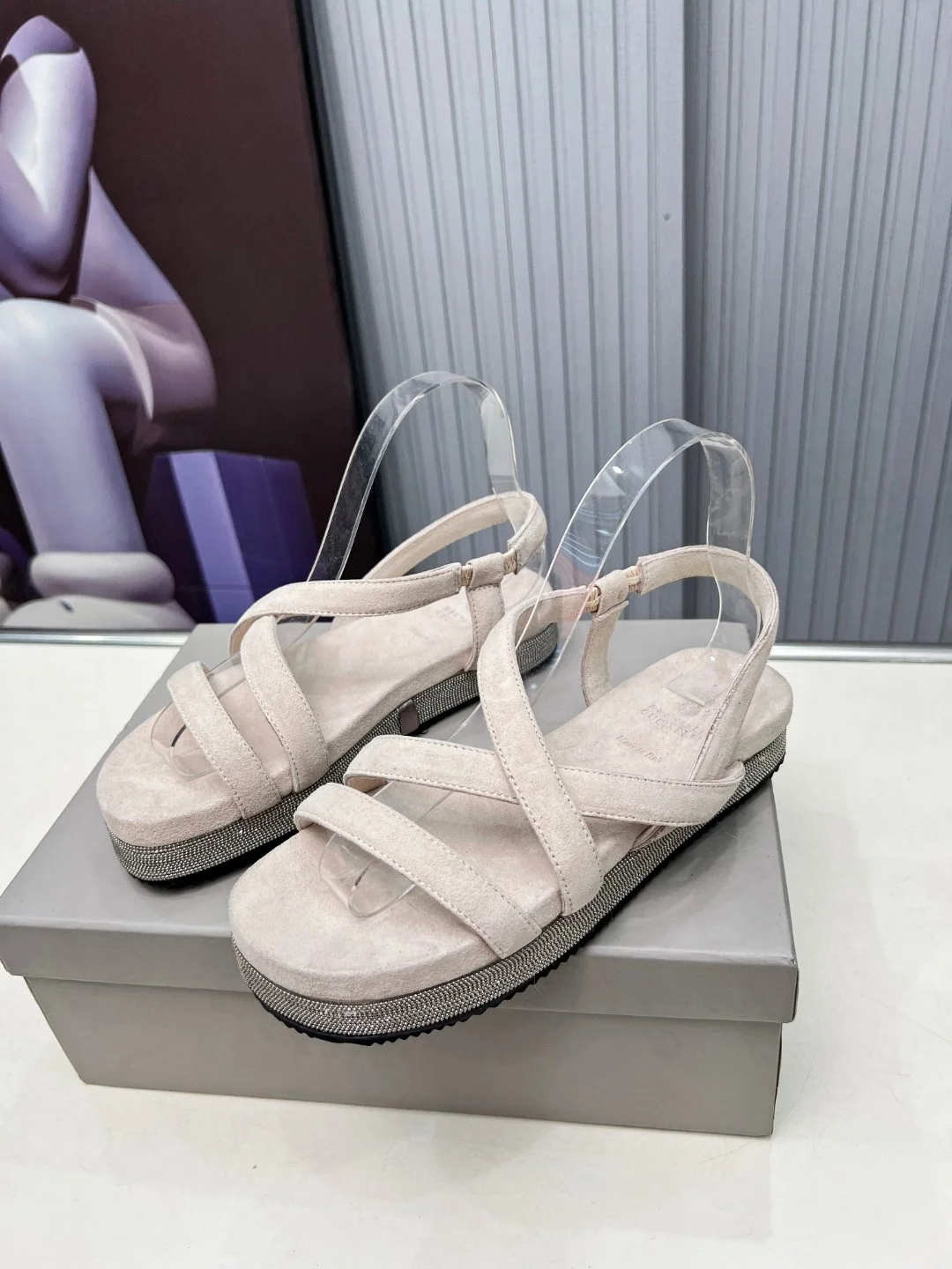 Brunello Cucinelli Beige Suede Crisscross Platform Sandals