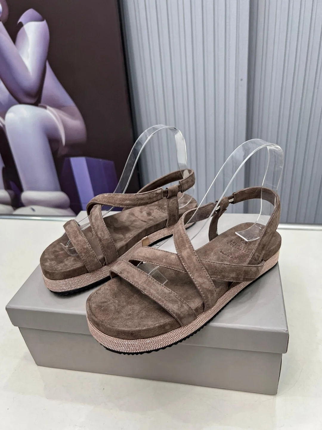 Brunello Cucinelli Taupe Suede Crisscross Sandals with Platform