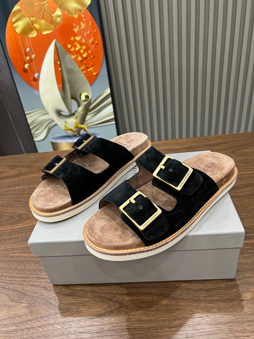 Brunello Cucinelli Black Suede Buckle Sandals