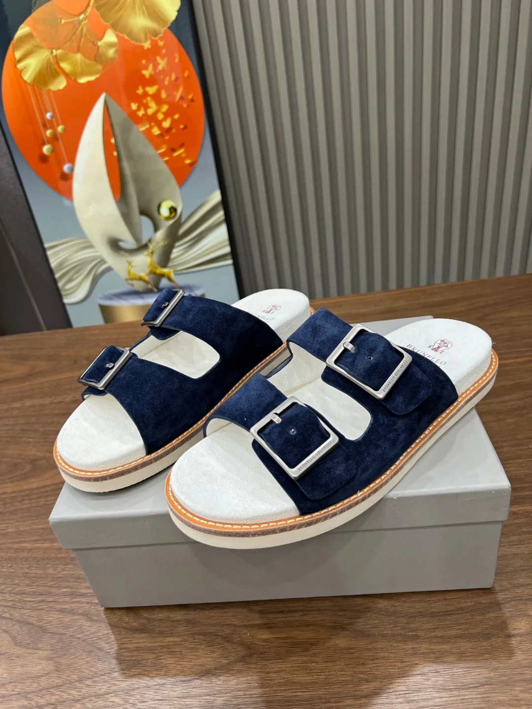 Brunello Cucinelli Navy Suede Double Buckle Sandals