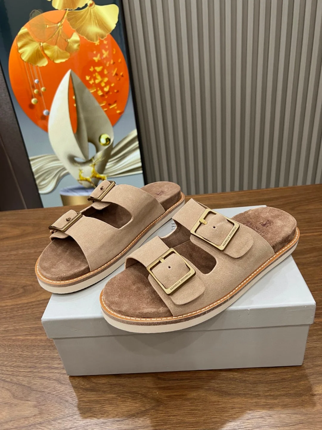 Brunello Cucinelli Navy Suede Double Buckle Sandals