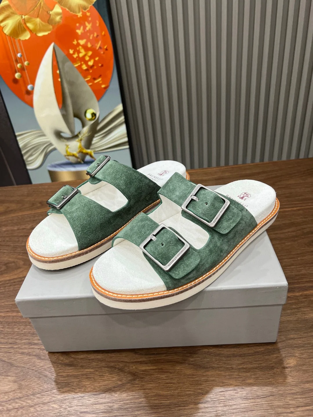 Brunello Cucinelli Green Suede Buckle Strap Sandals