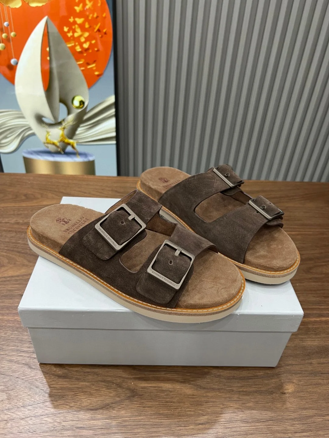 Brunello Cucinelli Brown Suede Double Buckle Slide Sandals