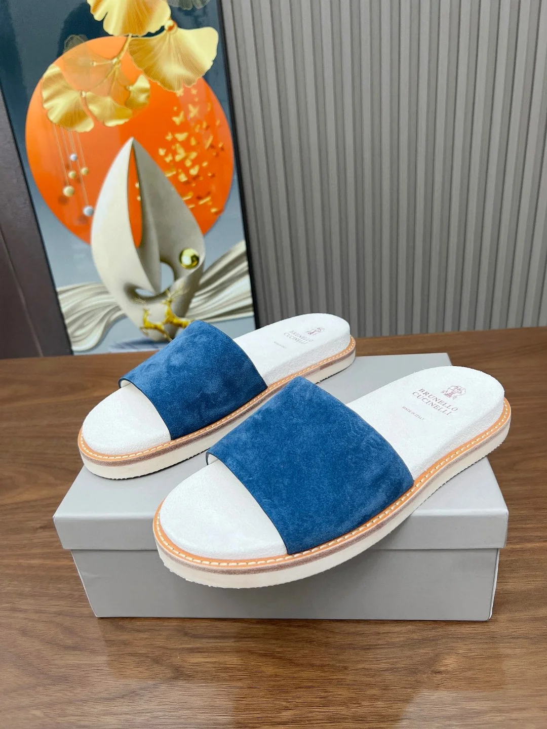 Brunello Cucinelli Blue Suede Slide Sandals