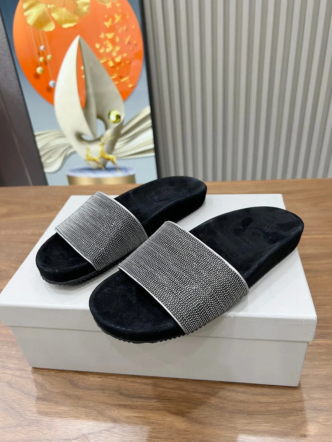 Brunello Cucinelli Black Suede Crystal Slide Sandals