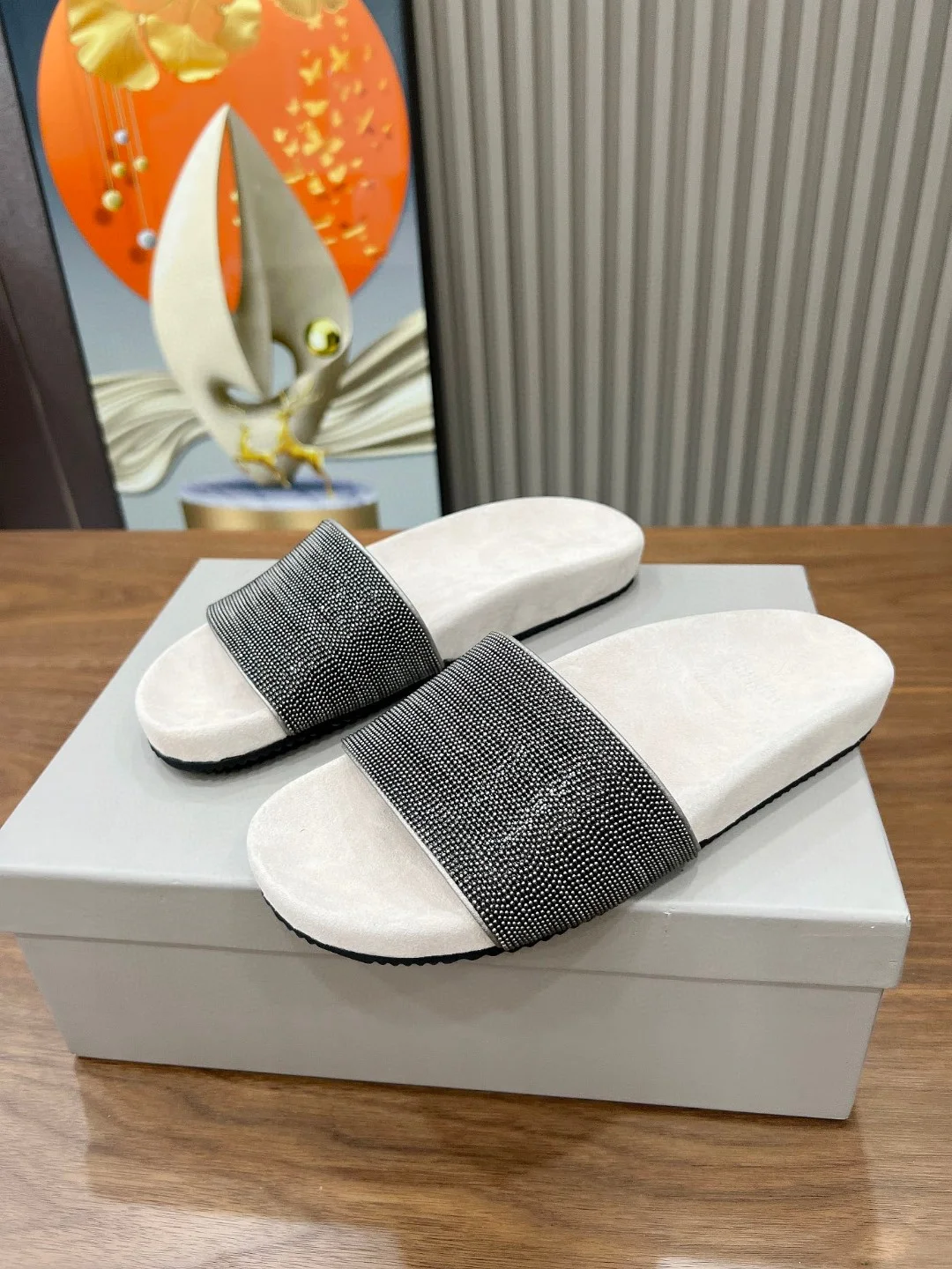Brunello Cucinelli Crystal Strap White Sole Slide Sandals