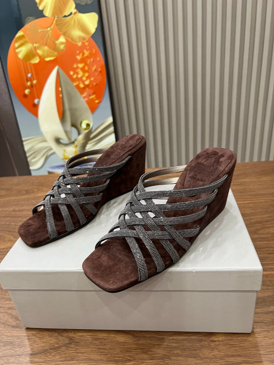 Brunello Cucinelli Wedge Sandals with Crystal Beads – Brown Suede