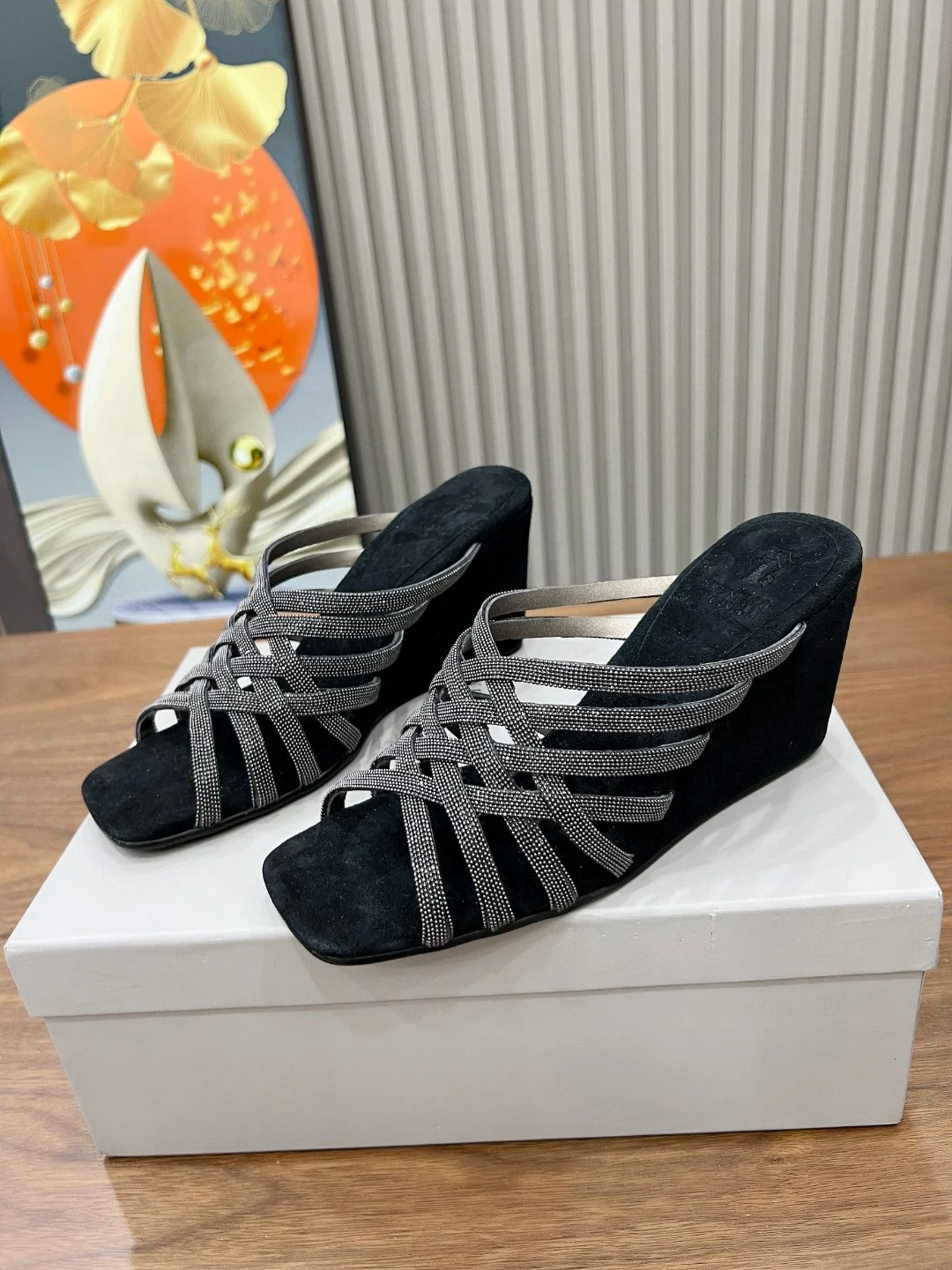 Brunello Cucinelli Black Suede Wedge Sandals with Crystal Beaded Straps