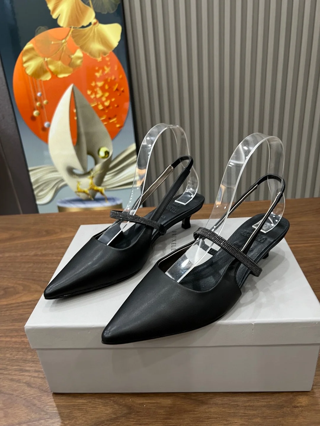 Brunello Cucinelli Black Leather Slingback Heels with Crystal Strap