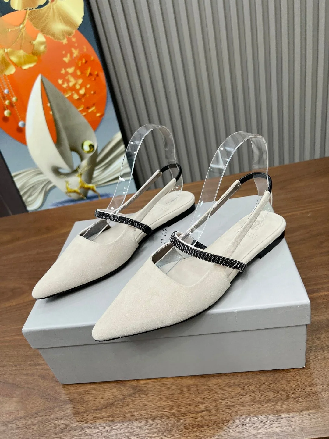 Brunello Cucinelli Cream Suede Pointed-Toe Flat Sandals with Crystal Strap