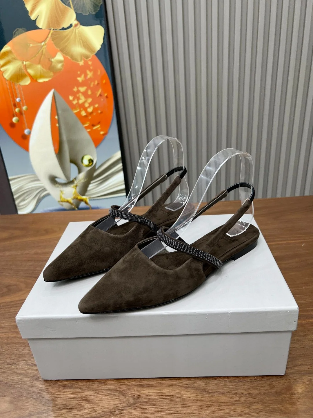 Brunello Cucinelli Dark Brown Suede Pointed-Toe Flat Sandals with Crystal Strap