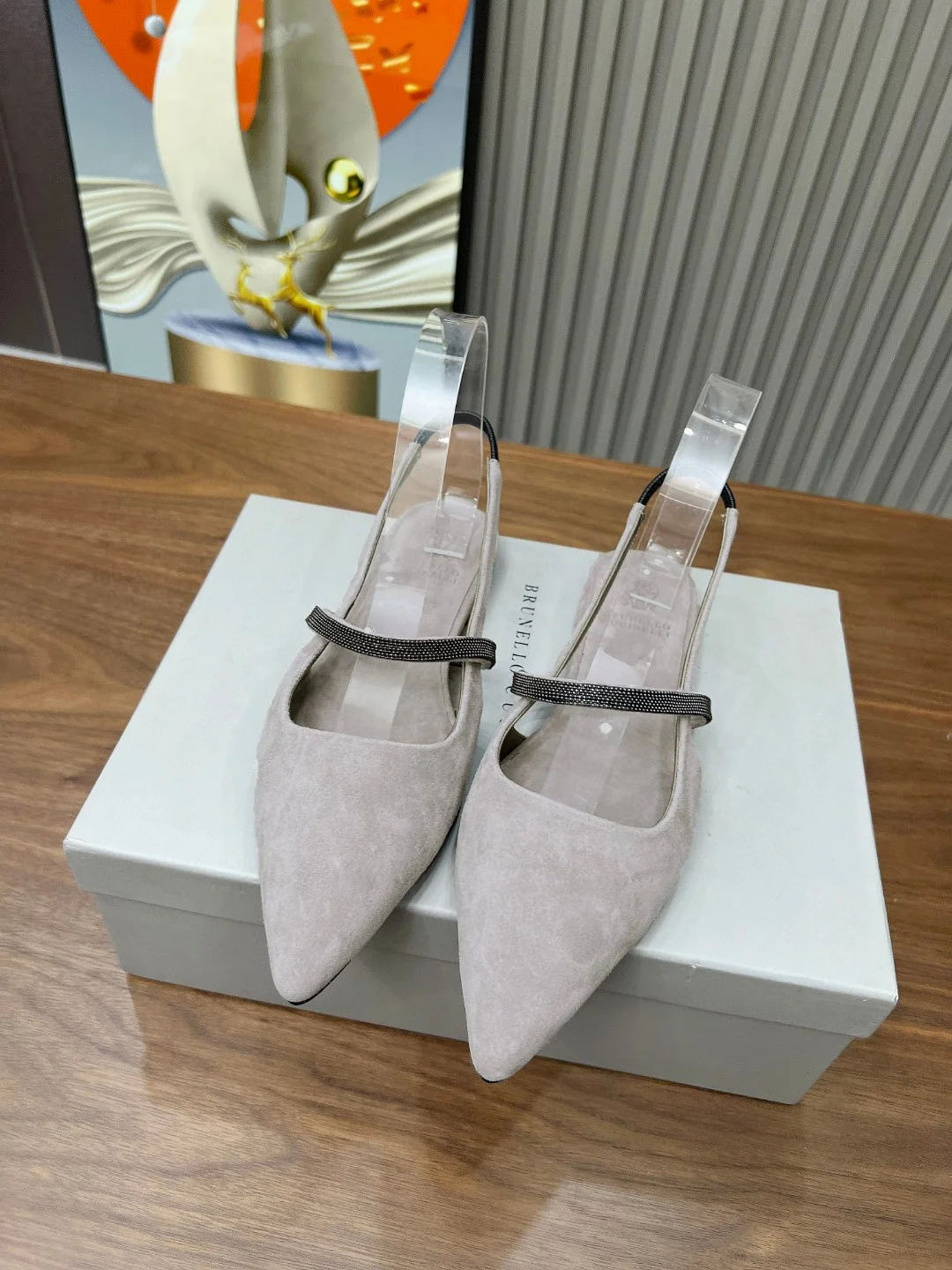 Brunello Cucinelli Dusty Lilac Suede Slingback Flats with Sparkling Strap