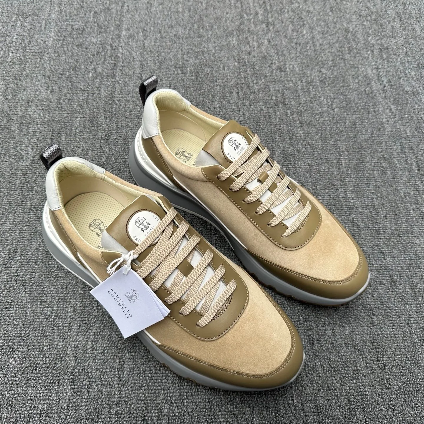 Brunello Cucinelli Beige & Olive Suede Leather Sneakers 