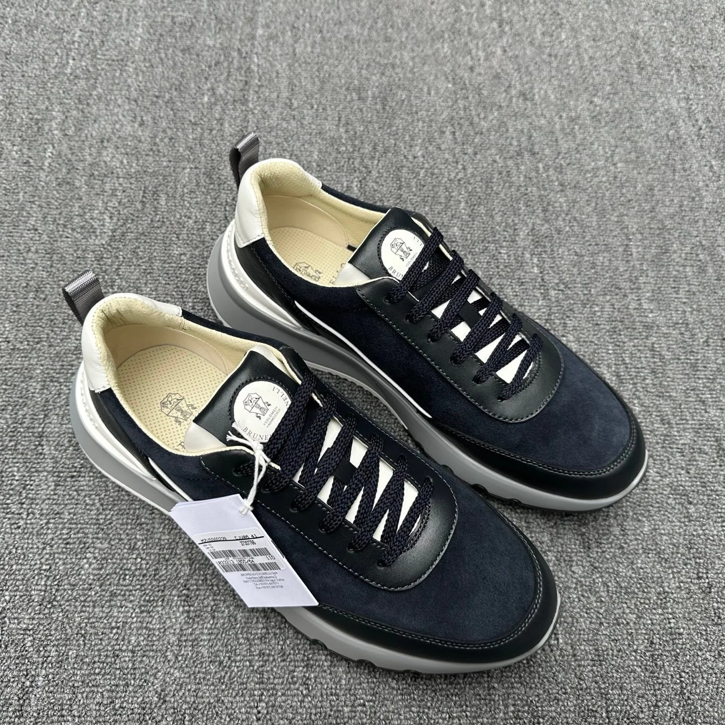 Brunello Cucinelli Navy Suede and Leather Sneakers with White Heel