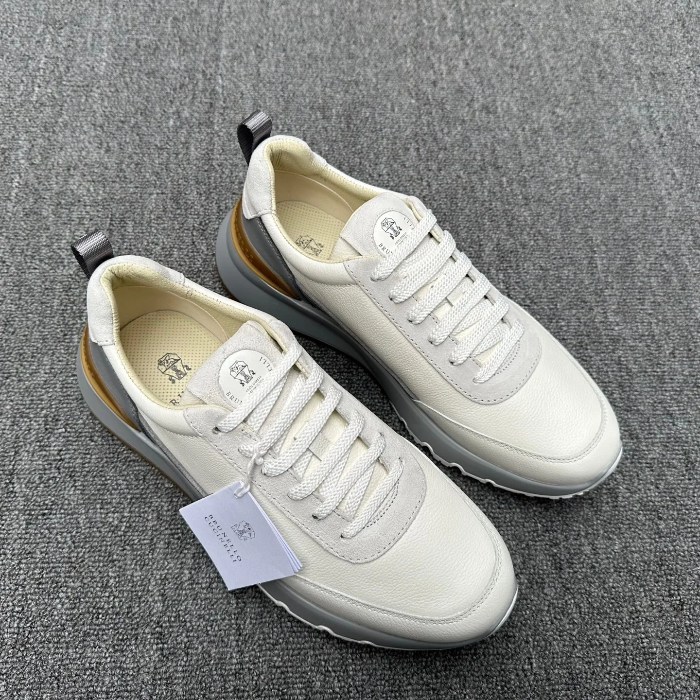 Brunello Cucinelli All-White Leather Sneakers with Grey Sole