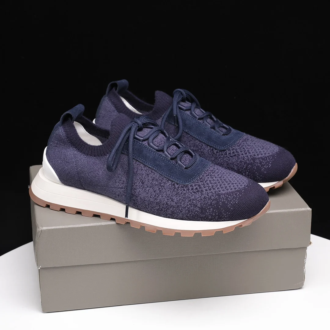 Brunello Cucinelli Navy Knit & Suede Trail Sneakers