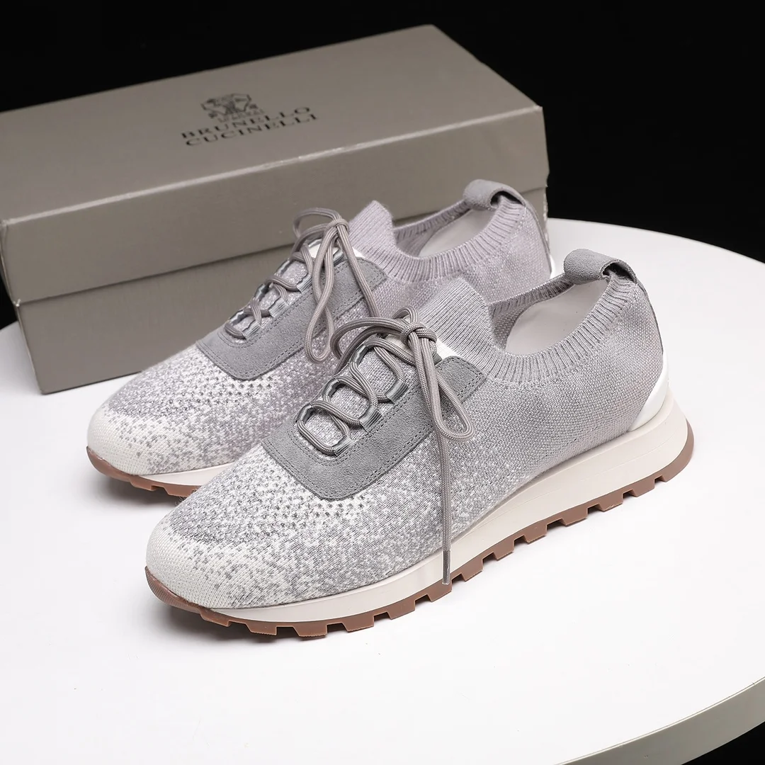 Brunello Cucinelli Light Grey Knit & Suede Sneakers