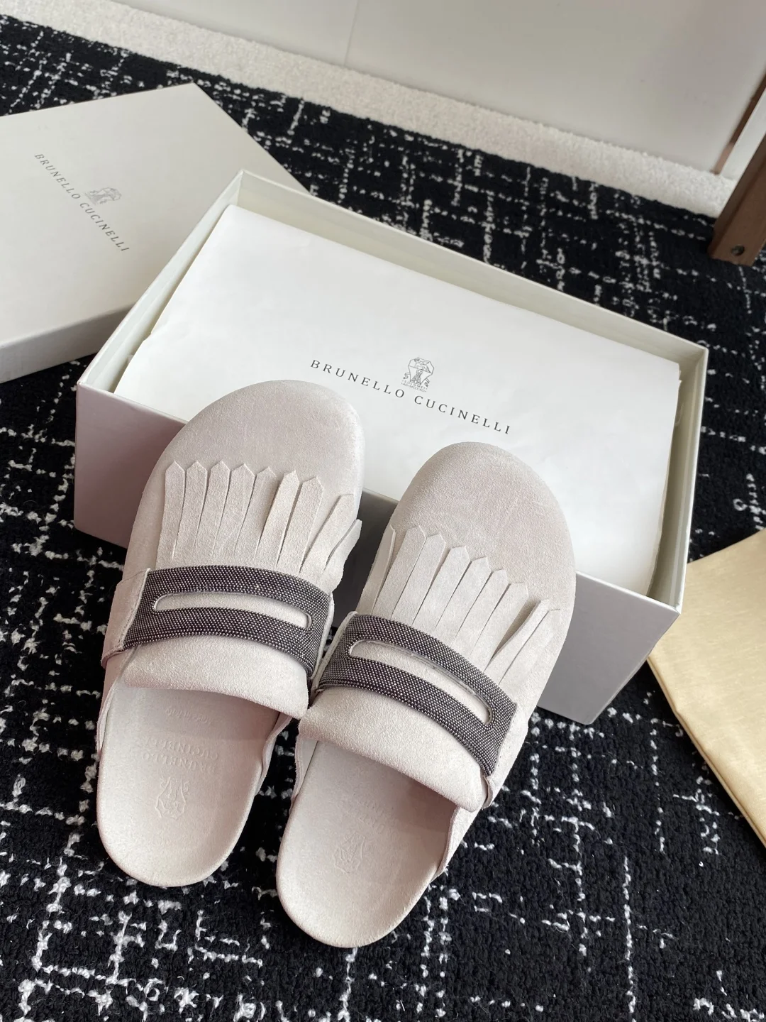 Brunello Cucinelli Suede Fringe Birkenstock-Style Slides – Italian Metallic Lambskin Lining