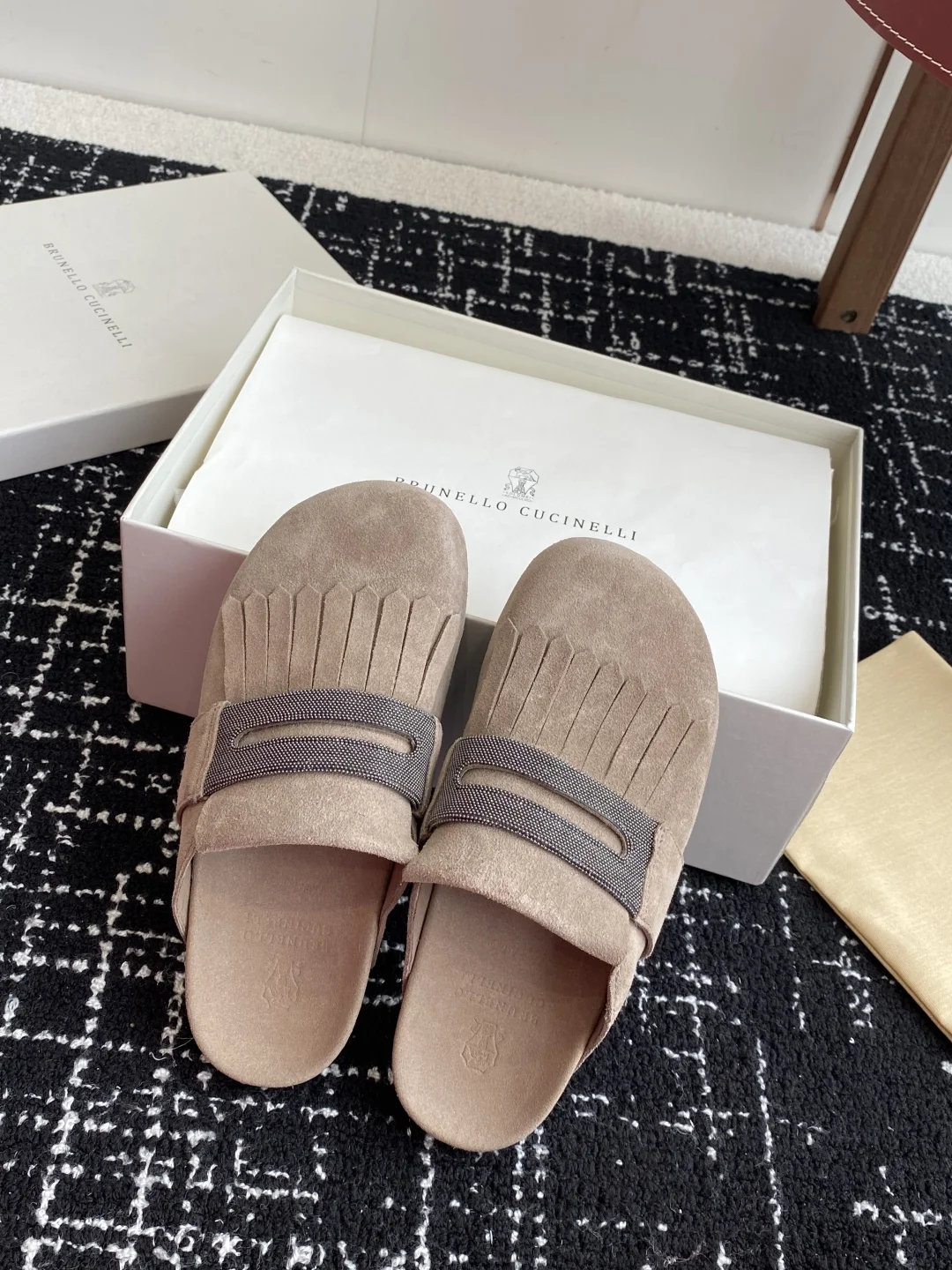 Brunello Cucinelli Brown Suede Fringe Slides – Monili Strap & Lambskin Comfort Footbed