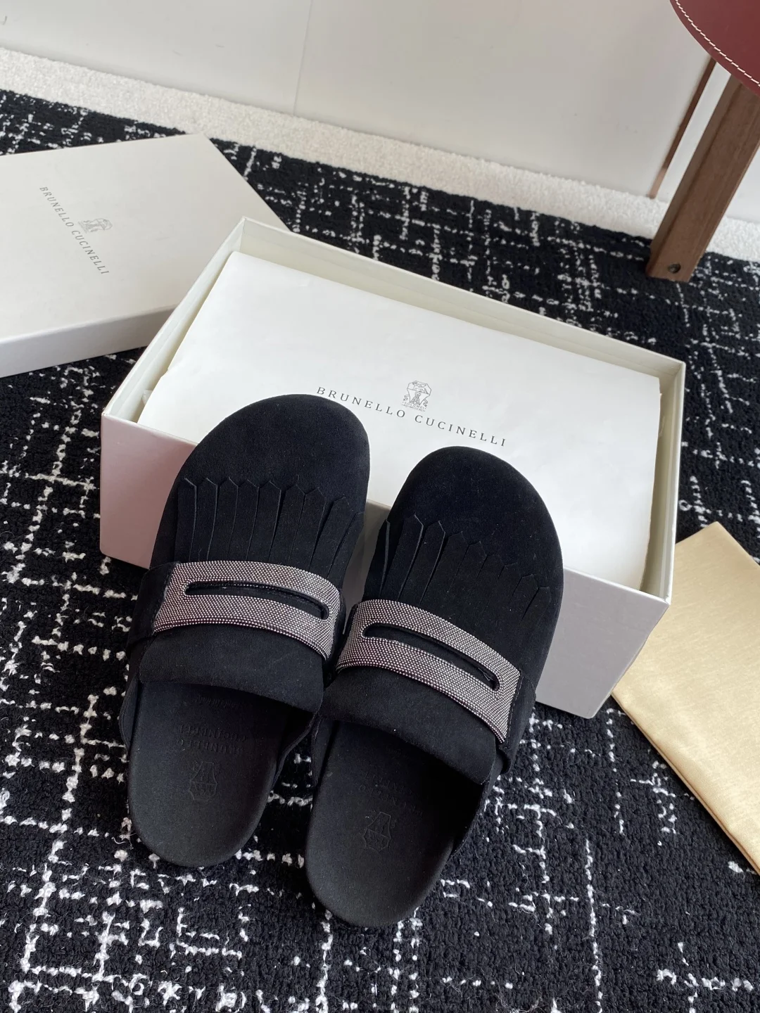 Brunello Cucinelli Black Suede Fringe Slide Sandals