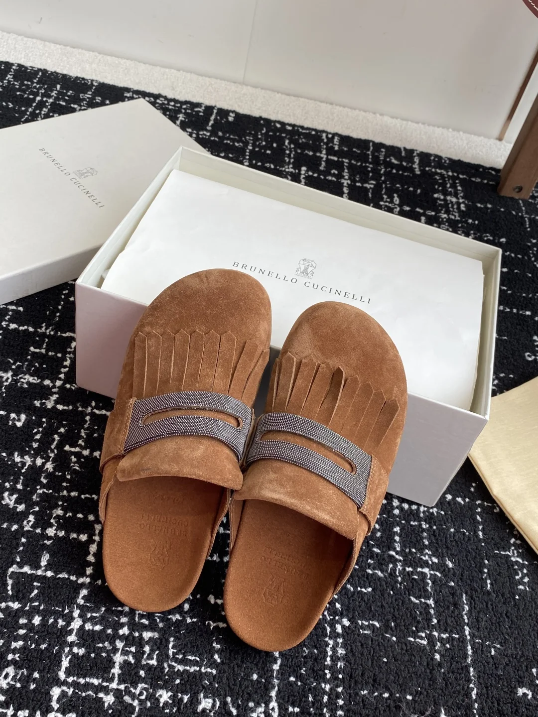 Brunello Cucinelli Brown Suede Fringe Slides with Monili Strap