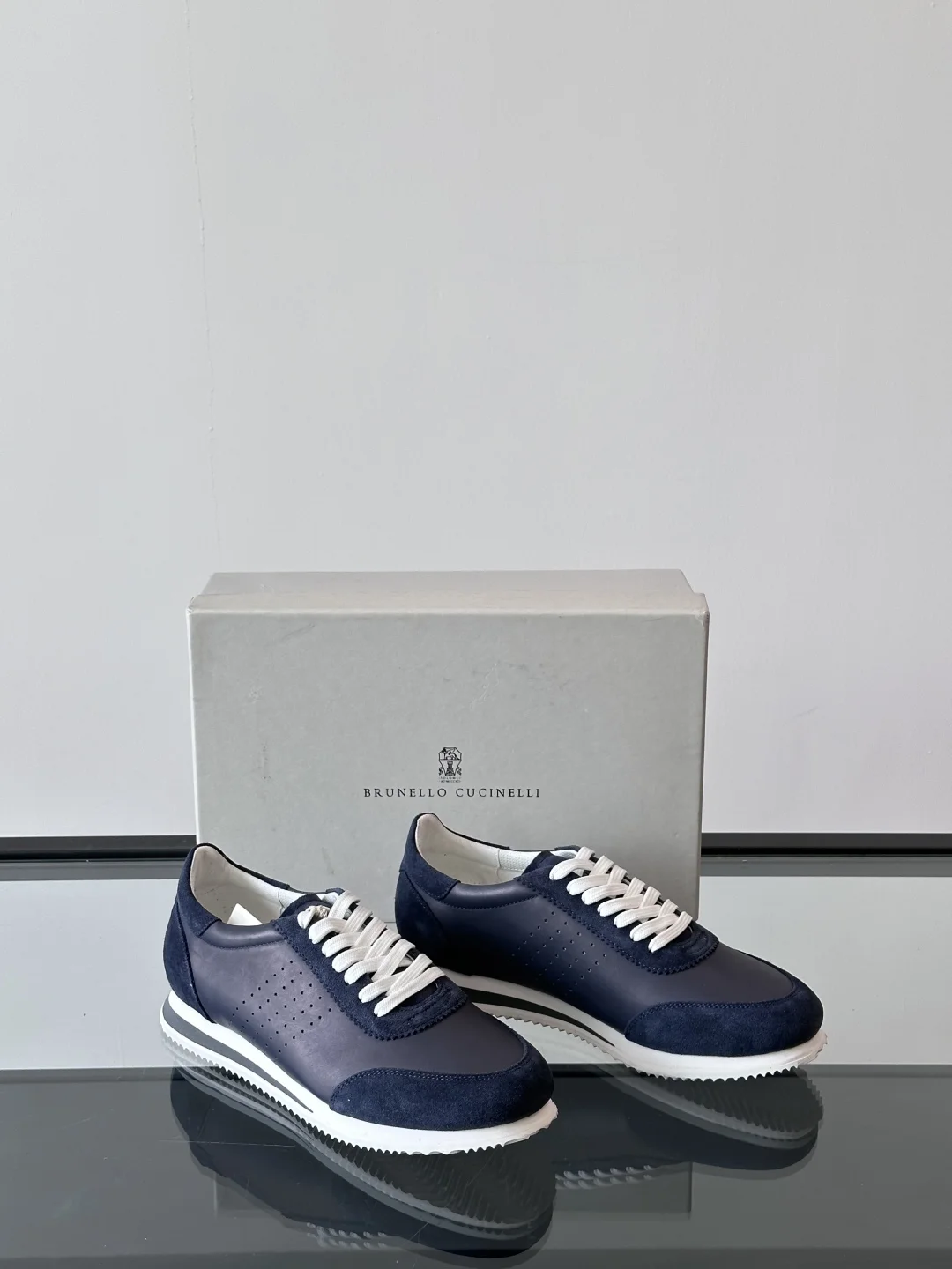Brunello Cucinelli Men’s Navy Blue Leather & Suede Sneakers 