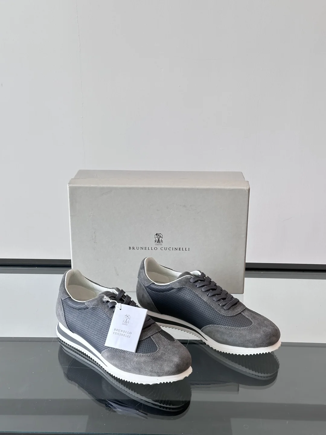 Brunello Cucinelli Men’s Grey Perforated Suede & Leather Sneakers – Italian Luxury Trainers