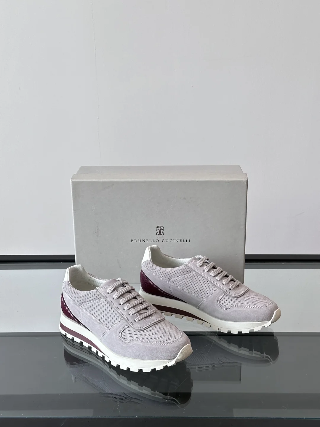 Brunello Cucinelli Men’s Retro Runner Sneakers – Grey Suede with Burgundy Heel