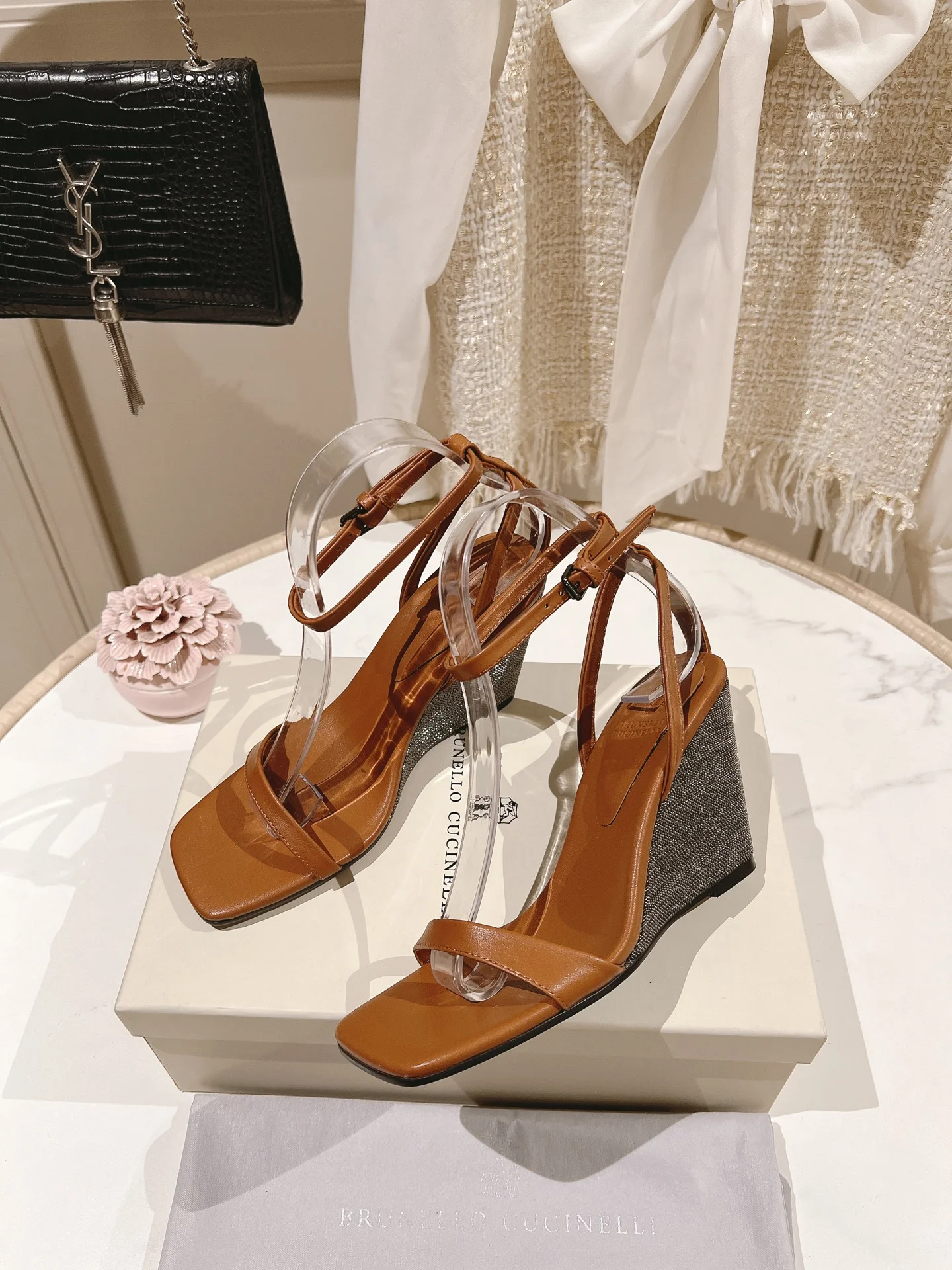 Brunello Cucinelli Leather Wedge Sandals with Sparkling Heel – 8cm Elegant Open Toe