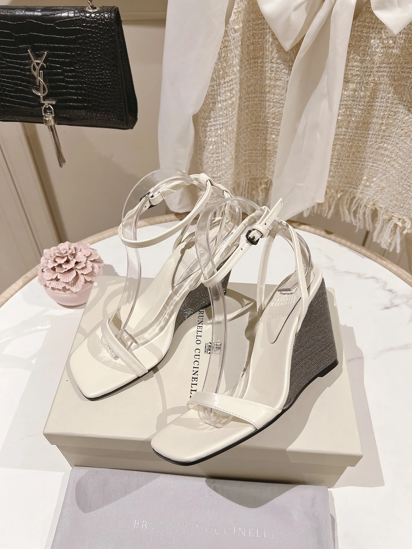 Brunello Cucinelli White Leather Wedge Sandals – 8cm Elegant Summer Heels