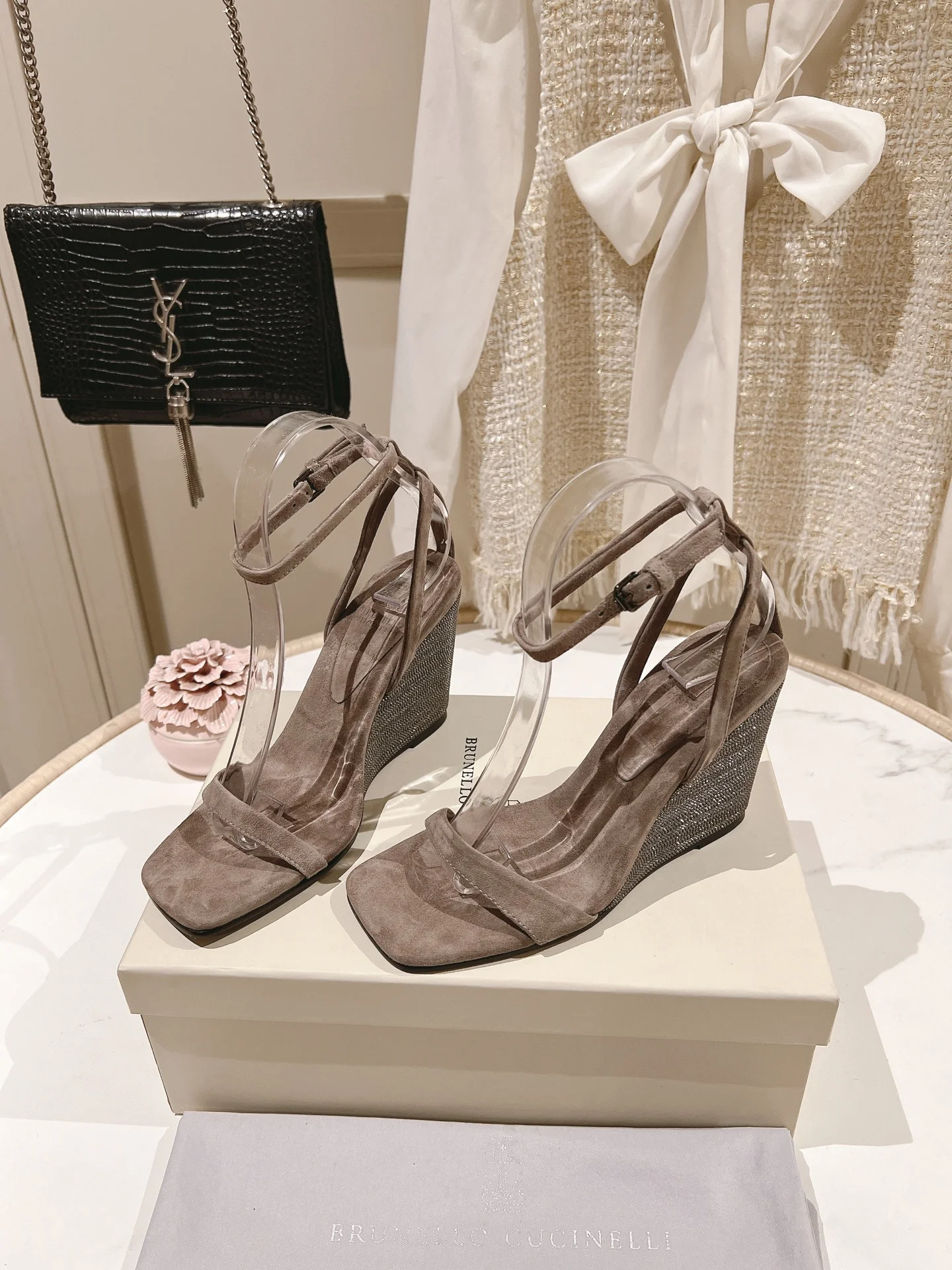 Brunello Cucinelli Taupe Suede Wedge Sandals – 8cm Summer Elegance