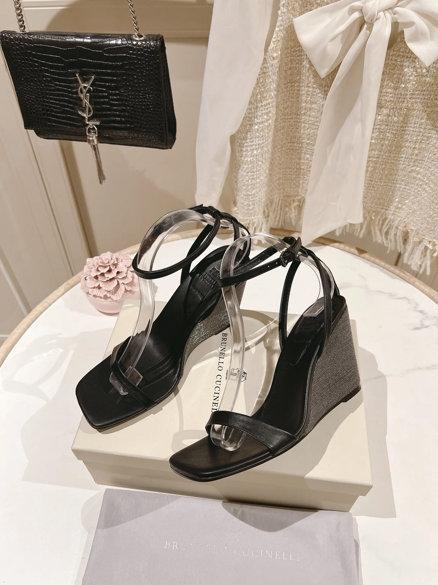 Brunello Cucinelli Black Leather Wedge Sandals – 8cm Sleek Glamour