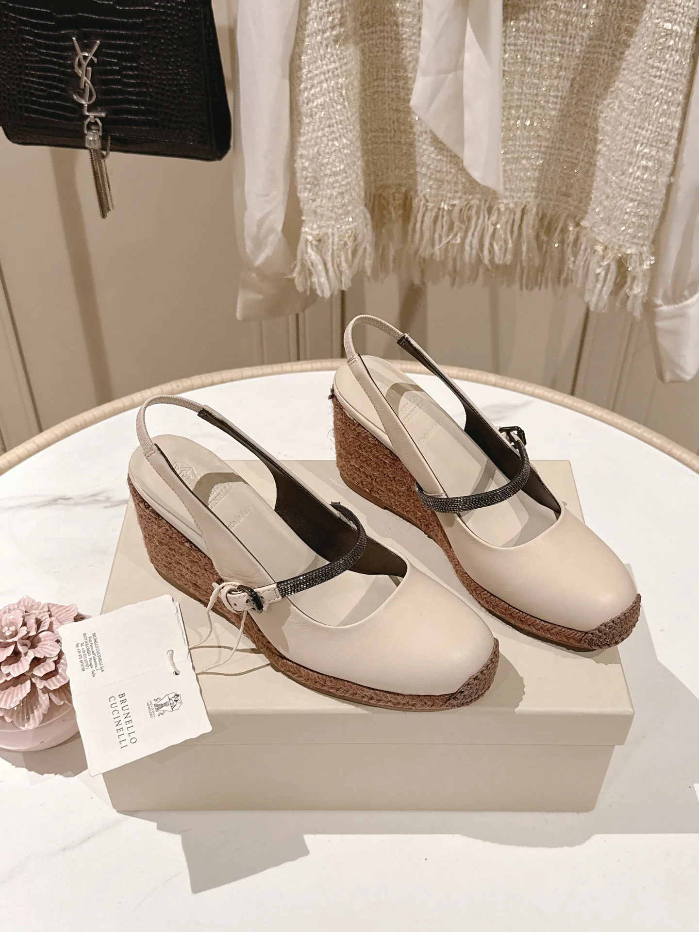 Brunello Cucinelli Mary Jane Wedge Sandals – Cream Leather, 7cm Heel