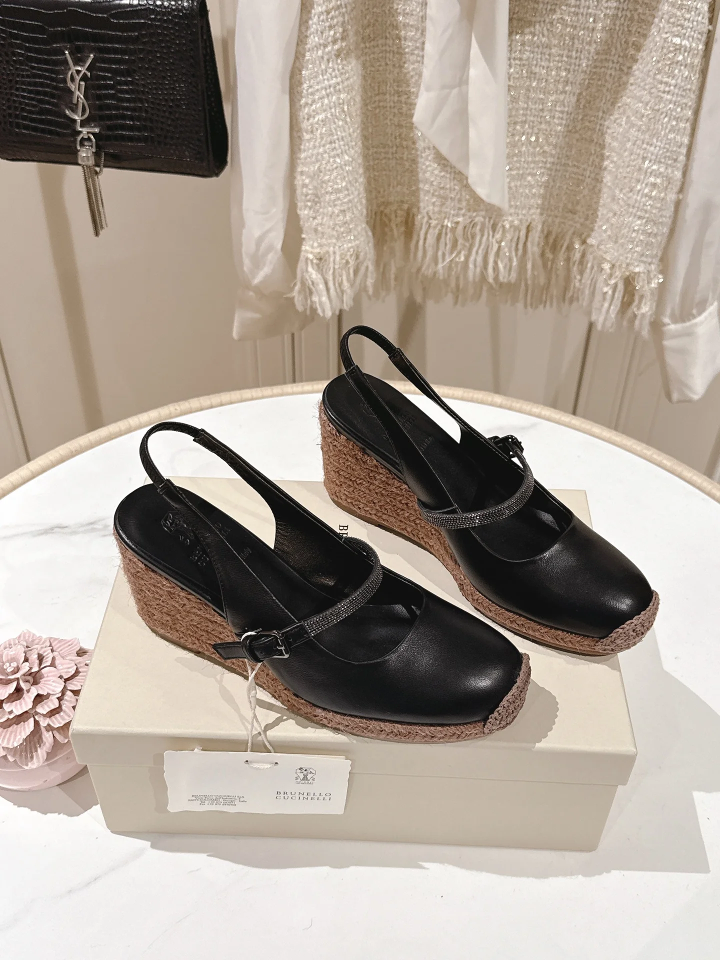 Brunello Cucinelli Mary Jane Wedge Sandals – Black Leather, 7cm Heel