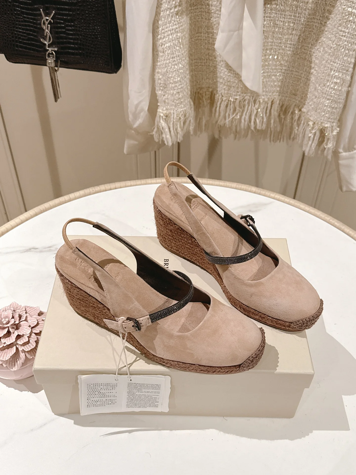 Brunello Cucinelli Mary Jane Wedge Sandals – Nude Suede, 7cm Heel