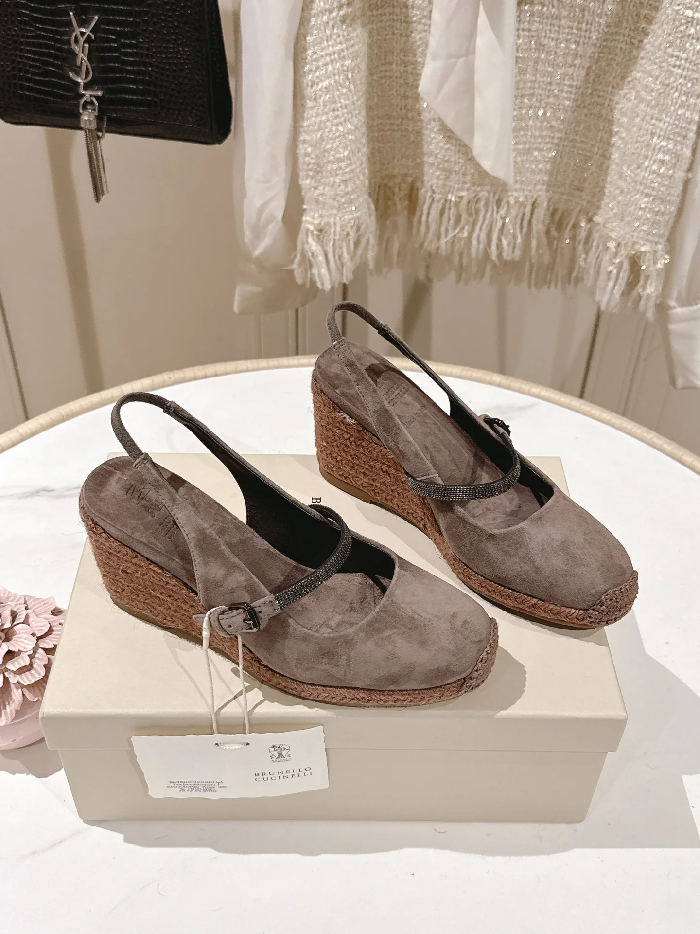 Brunello Cucinelli Mary Jane Wedge Sandals – Dark Grey Suede, 7cm Heel