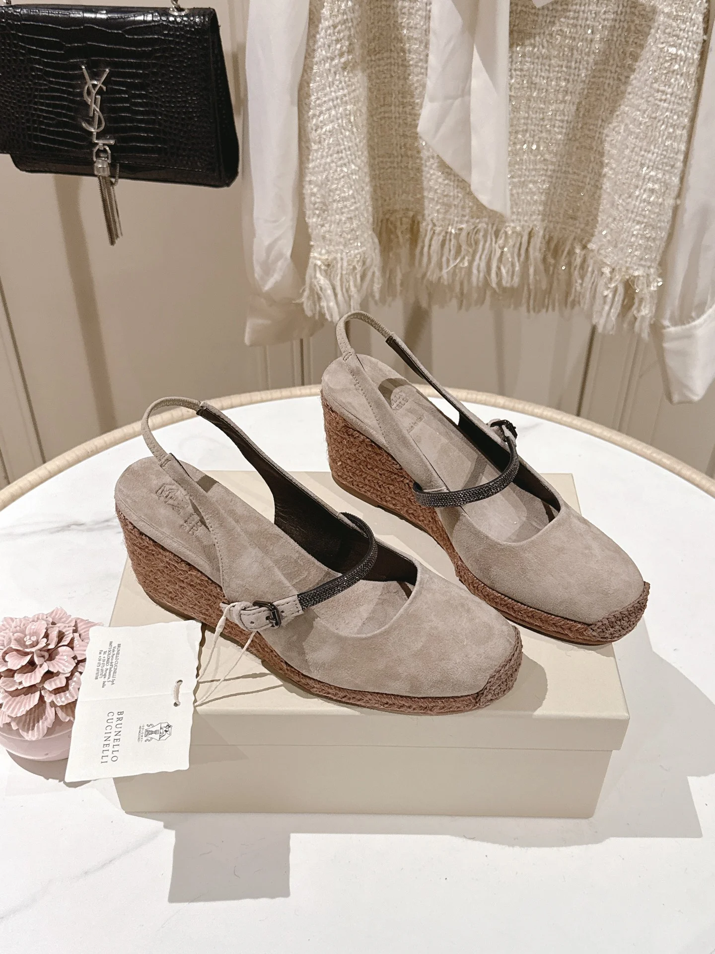 Brunello Cucinelli Mary Jane Wedge Sandals – Light Beige Suede, 7cm Heel