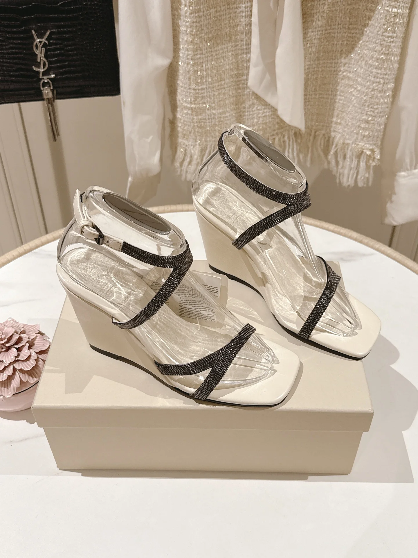 Brunello Cucinelli White Leather Roman Wedge Sandals with Monili Strap – 8cm Heel