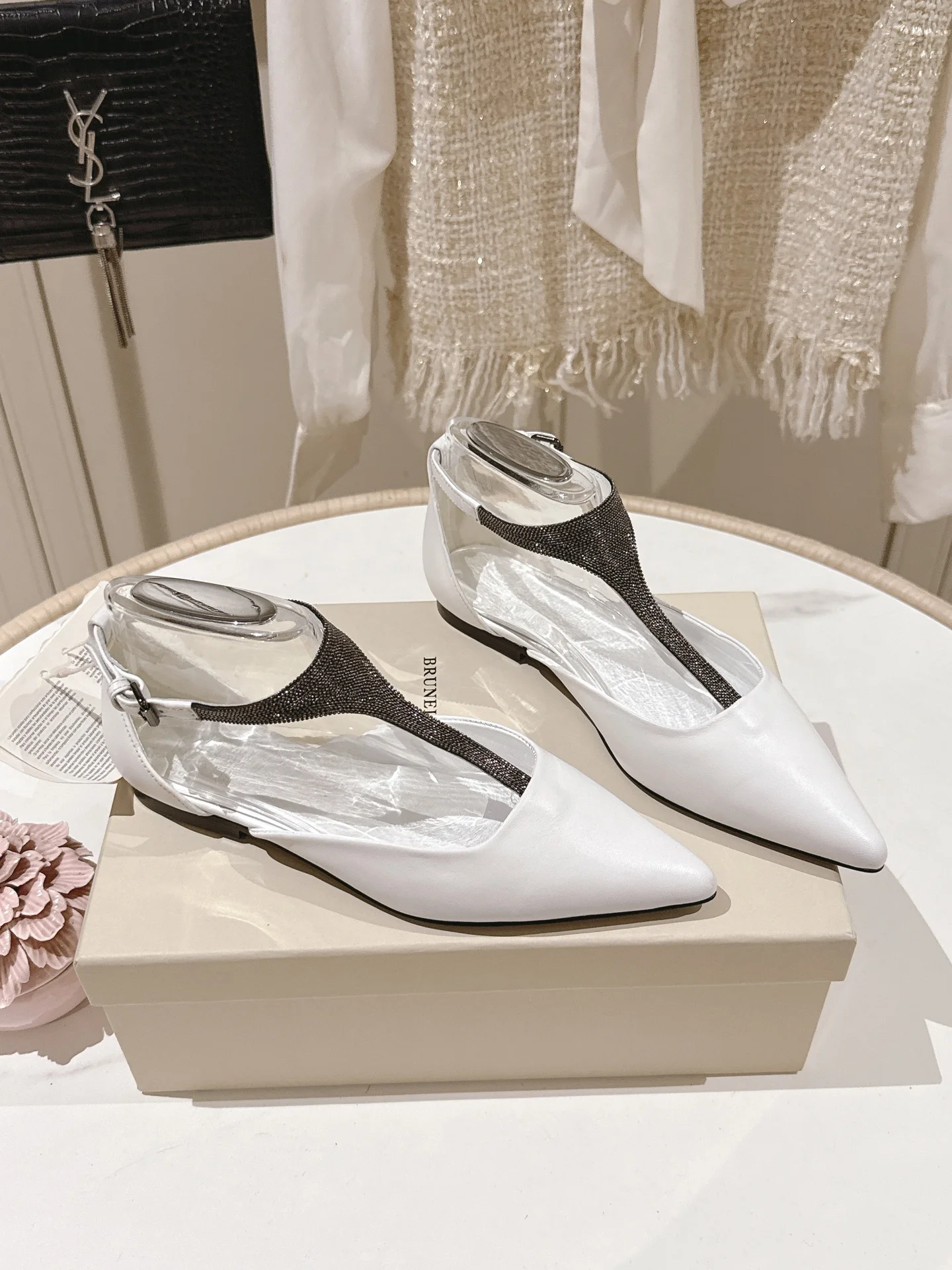 Brunello Cucinelli White Oxford-Leather Pointed Flats with Beaded Strap