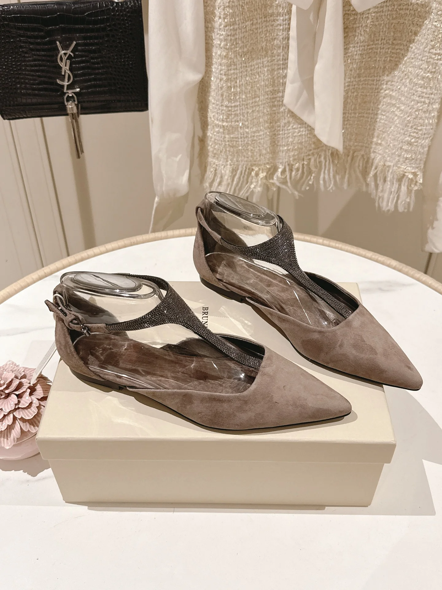 Brunello Cucinelli Taupe Suede Pointed-Toe Flats with Hand-Beaded Strap