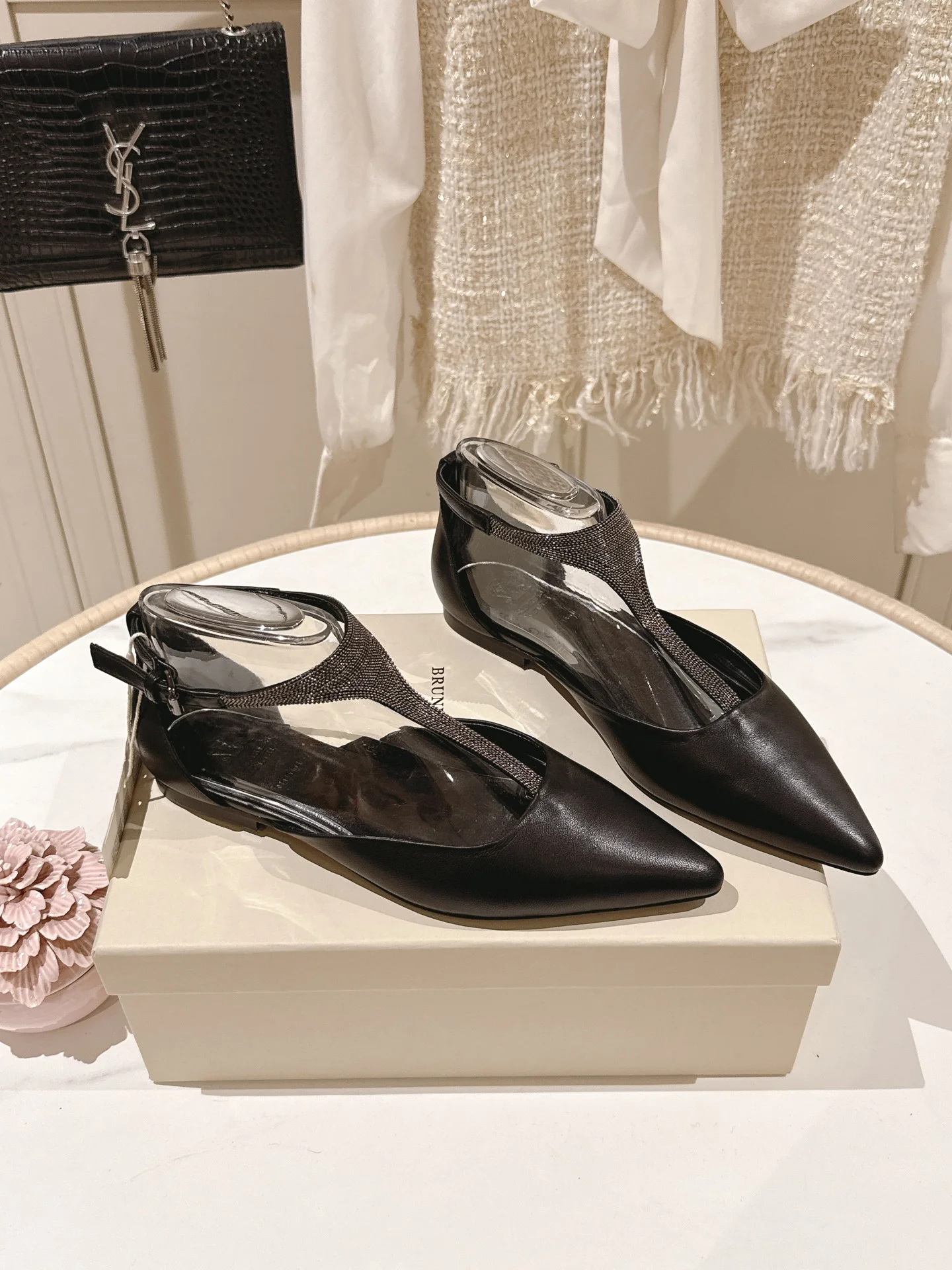 Brunello Cucinelli Black Leather Pointed-Toe Flats with Signature Beaded Strap