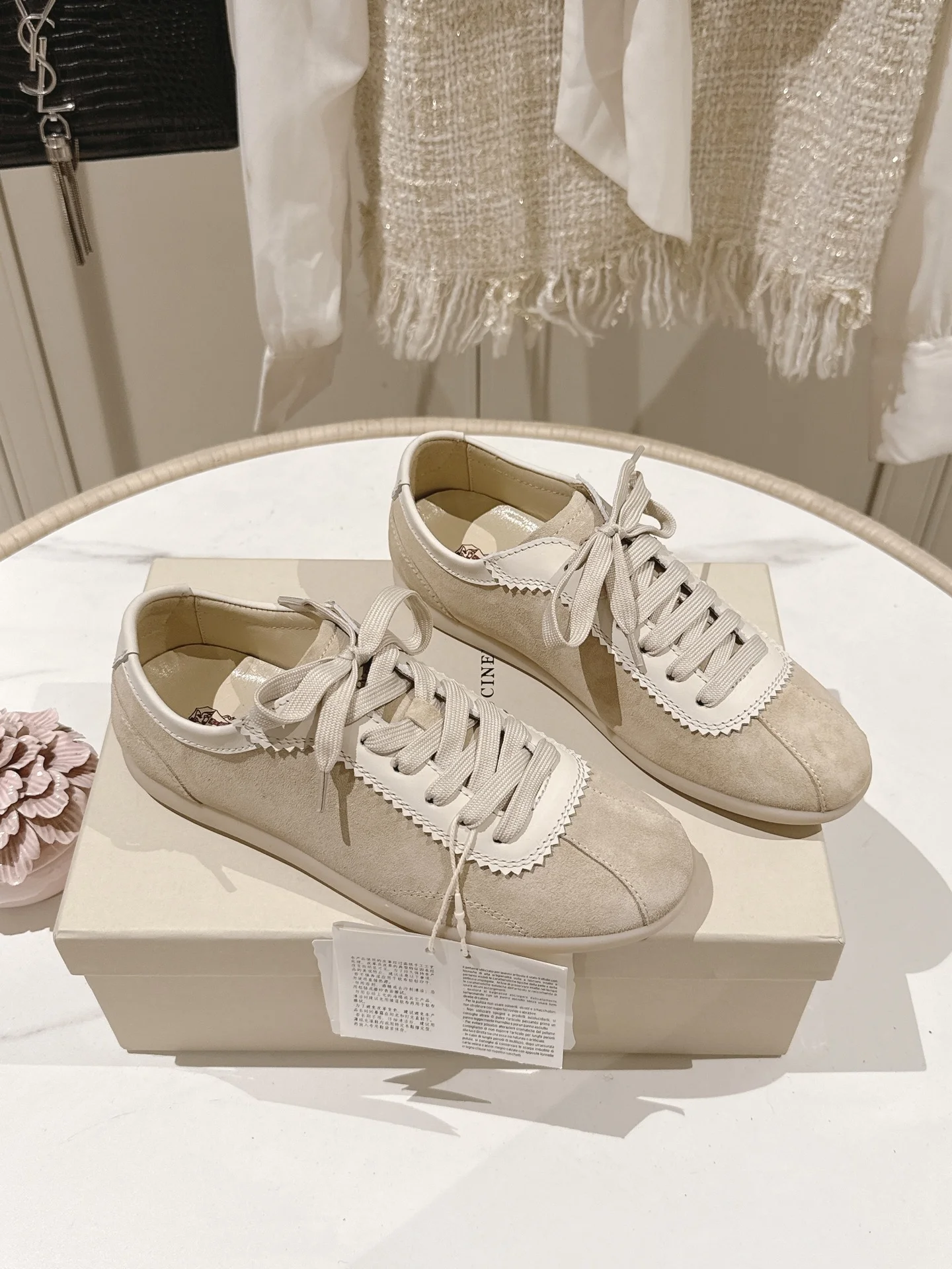 Brunello Cucinelli Beige Suede Classic Sneakers with Scalloped Trim