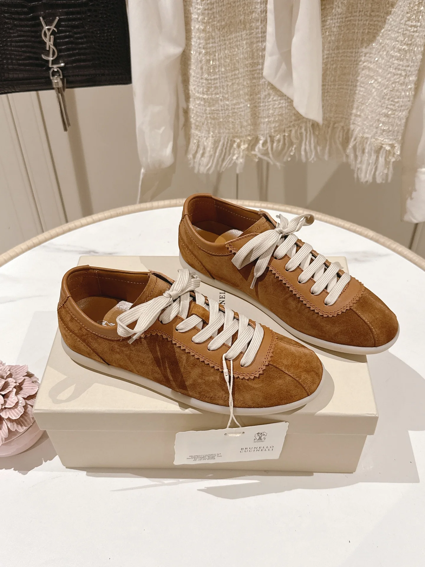 Brunello Cucinelli Caramel Suede & Leather Classic Lace-Up Sneakers