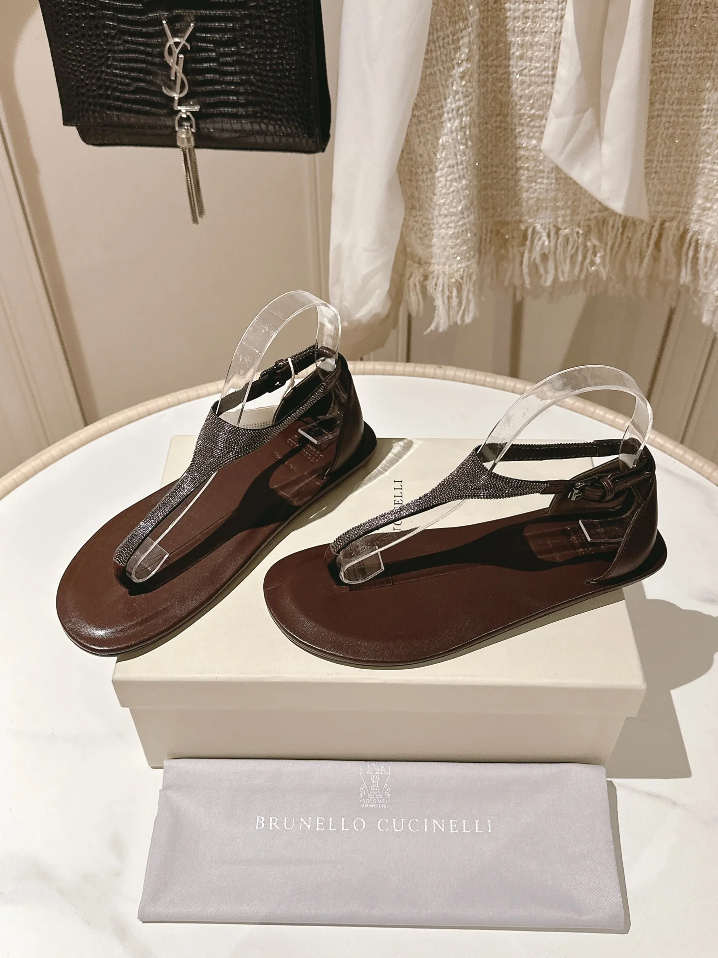 Brunello Cucinelli Women's Flat Thong Sandals – Brown Leather & Beaded Strap
