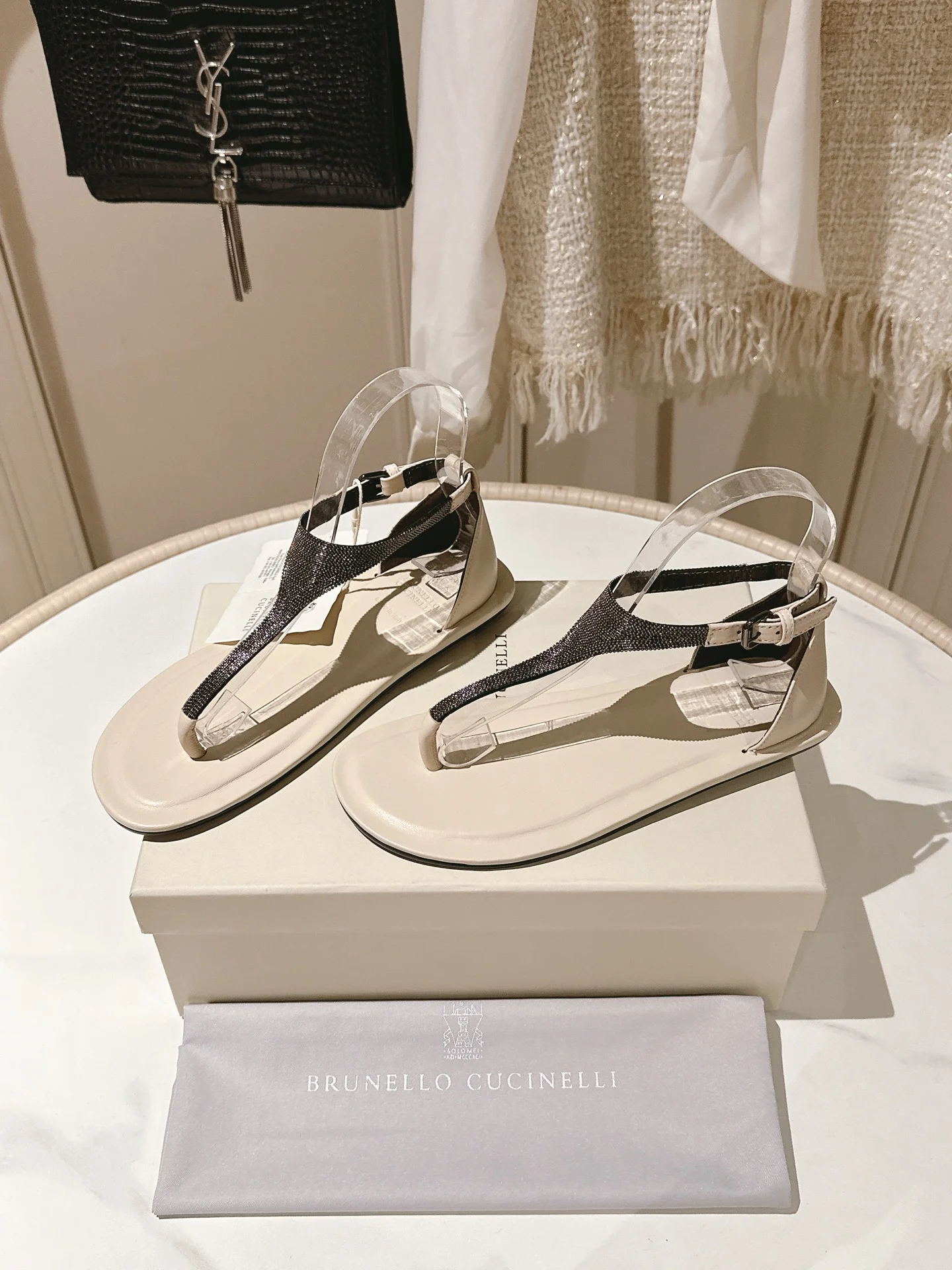 Brunello Cucinelli Women's Ivory Flat Thong Sandals – Beaded Leather Design
